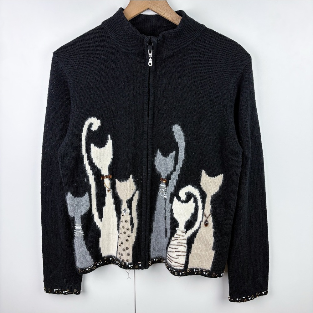 Cats Novelty Vintage Beaded Zip Front Cardigan Sweater Large Coldwater Creek